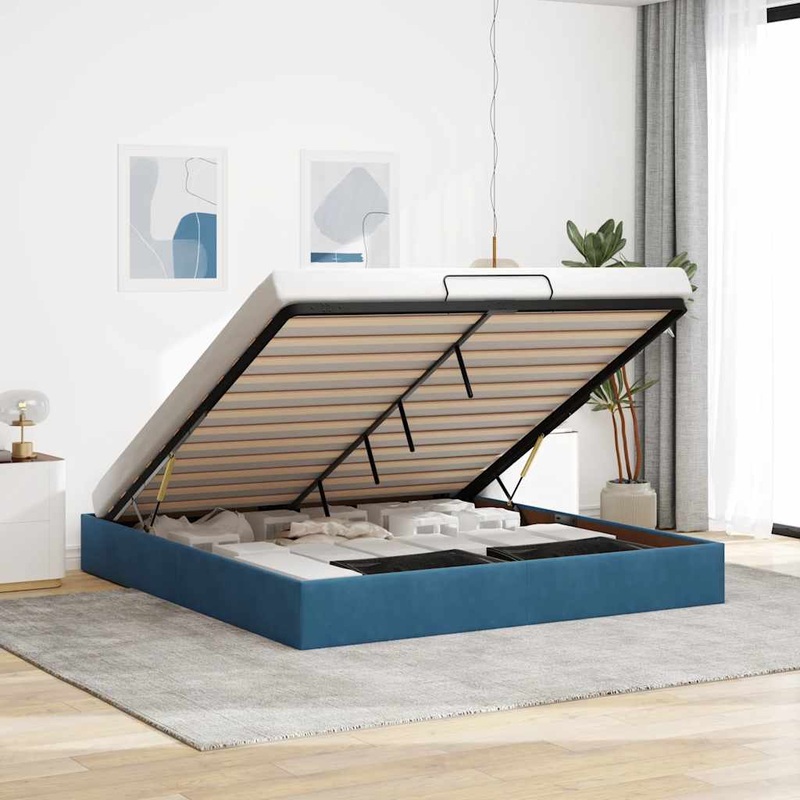 Cadre de lit ottoman sans matelas bleu fonc 160x200 cm velours