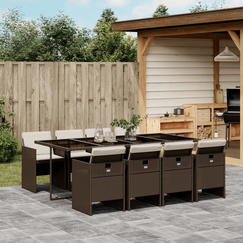 Ensemble  manger de jardin et coussins 9 pcs marron poly rotin