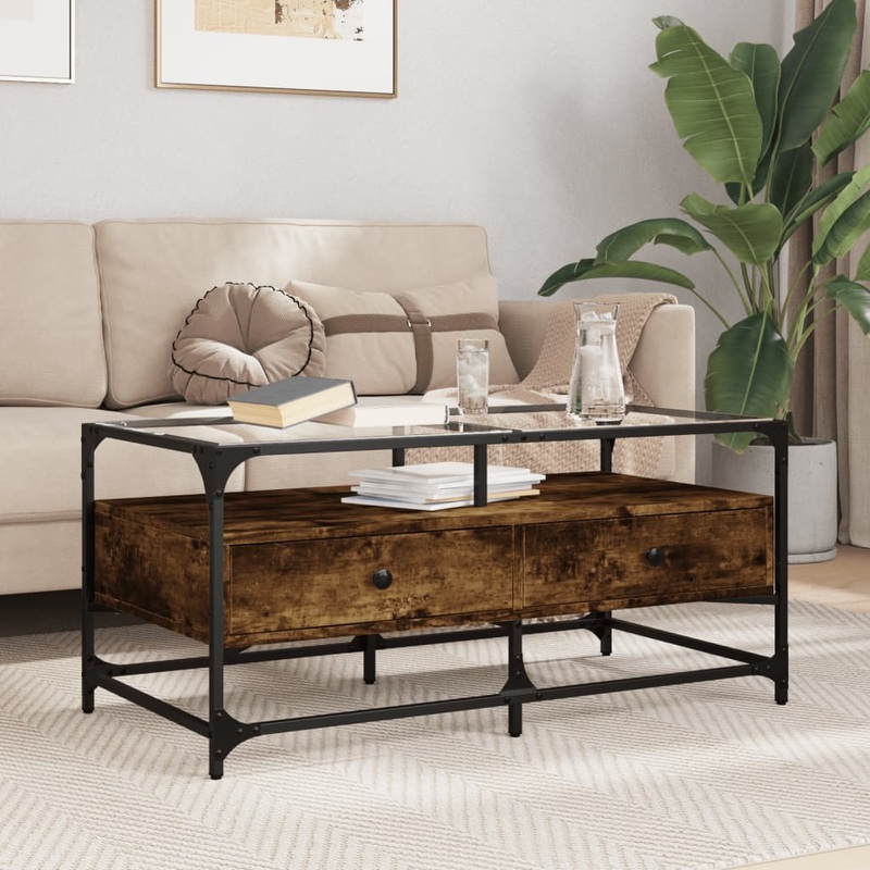 Table basse avec dessus en verre chne fum 98,5x50x45 cm acier