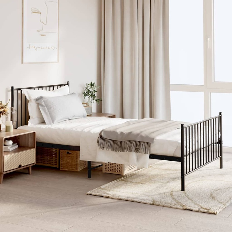 Cadre de lit mtal sans matelas avec pied de lit noir 107x203cm