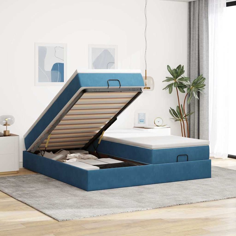Cadre de lit ottoman avec matelas bleu fonc 200x200 cm velours