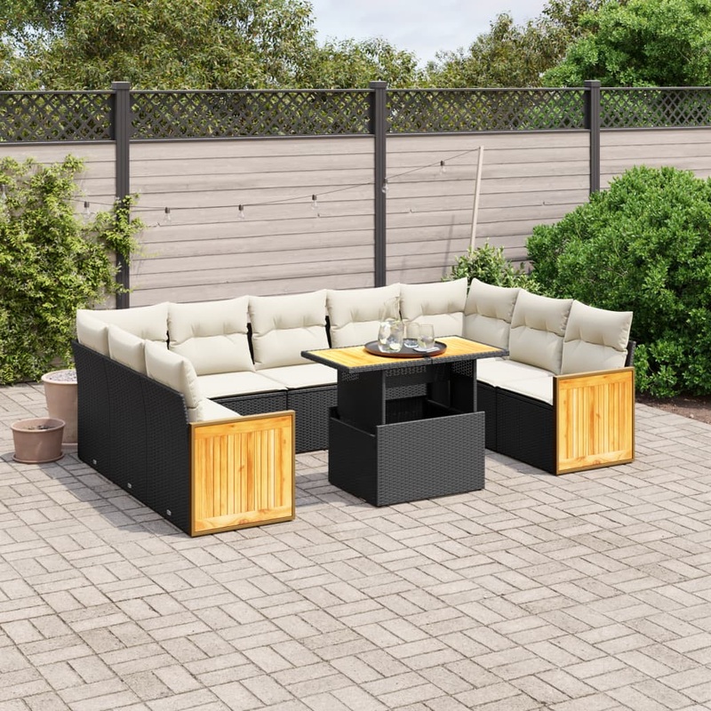 Salon de jardin 10 pcs avec coussins noir rsine tresse